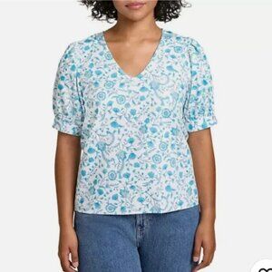 Draper James Heidi Puff Sleeve V-Neck Cotton Blouse Top Blue Paisley M